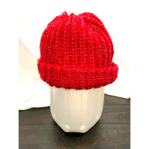 Handmade Winter Stocking Cap Children Hat Toboggan Beanie Hat Red Silver Small